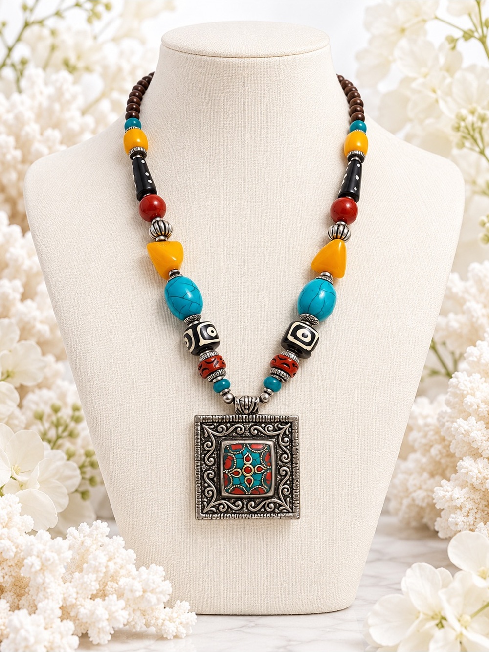 Bohemian Turquoise & Amber Beaded Pendant Necklace
